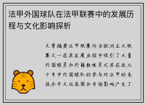 法甲外国球队在法甲联赛中的发展历程与文化影响探析