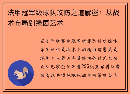 法甲冠军级球队攻防之道解密：从战术布局到绿茵艺术