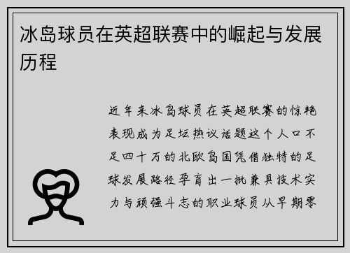 冰岛球员在英超联赛中的崛起与发展历程